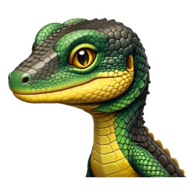 cinematic-realistic-cute-monitor-lizard-portrait-emoji,-head-tilted-playfully-and-inquisitively,-featuring-a-compact,-agile-body-with-finely-detailed,-glossy-scales-in-earthy-black and yellow-hues-and-a-distinct,-alert-face-with-bright,-curious-eyes, black , yellow spotted and green band  scales and a slender neck sticker