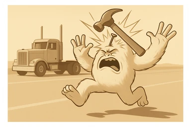 Add a comic-style impact effect where the hammer hits the abominable snowman, remove any blue color from the abominable snowman. Keep the side view, flattop semi with chrome stacks far behind, light and realistic style, no text. sticker