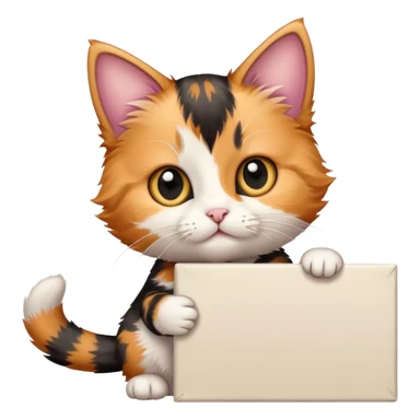 Calico kitten holding a large blank sign sticker