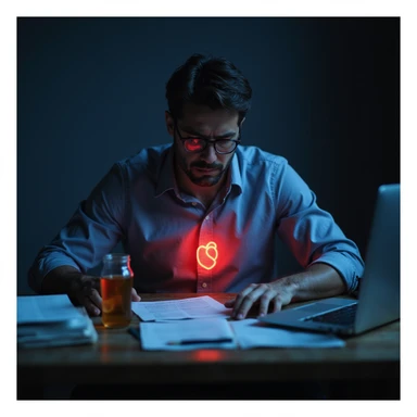 realistic tired overworked man at desk late night, paperwork, energy drinks, glowing computer, deep fatigue, dark circles, slouched posture, subtle red glows on heart, head, gut, moody burnout health risk sticker