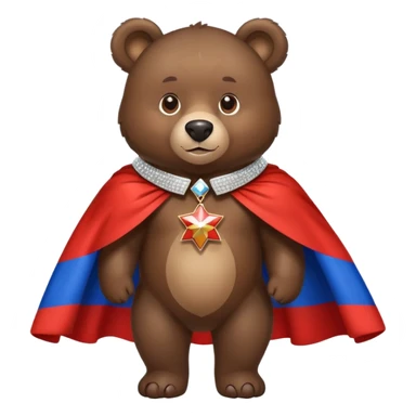 Medium-dark brown bear on all four legs with a sparkling diamond collar or necklace around its neck, Russian flag cape on its back sticker