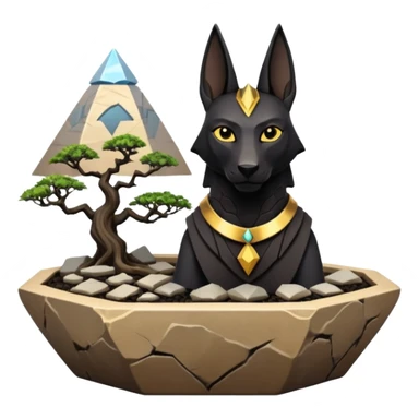Kindly Protecting silky black-haired tiny statuette scale Anubis and pyramid scenery stone-age cracked irregular dodecagon bonsai pot  sticker