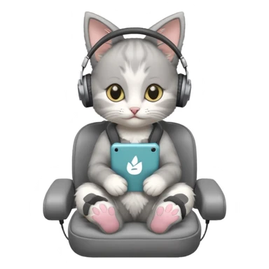 a small little grey kitten sitting on a seat and wearing headphones and there is a sims logo over her head sticker