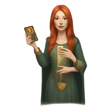 redhead white woman medium long straight hair, holding a tarot card in her hand sticker