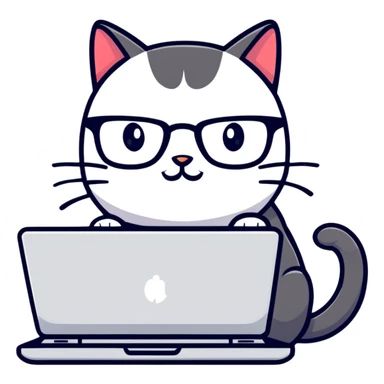 cartoon cat with glasses coding on a laptop sticker