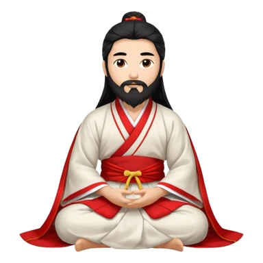Beautiful man with lightly tan skin and dark long beard, long hair, in red and white Hanfu sitting on the ground sticker