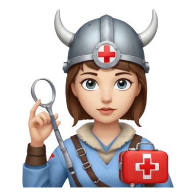 A young woman with beautiful blue eyes, short brown hair shaved on the sides, giving her a Viking look and a horned helmet. She holds a medical kit with a red cross icon in her hand. A stereoscope hangs around her neck. sticker