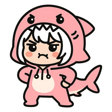 Make the girl in the pink shark onesie strike a playful pose, keep her white hair and cute angry expression, no background. sticker