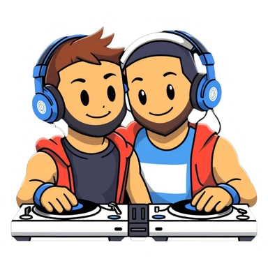 Hot handsomeb muscular 6ft tall smiling happy clean shaven ash ketchum being a  dj and his music rocks while kissing a bearded friend sticker