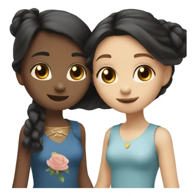 two girls in love holding hands, one has black mid length hair and brown eyes, the other one has long blonde hair blue eyes, they look at each other lovingly sticker