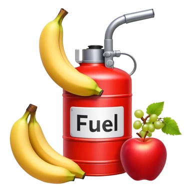 bright red gasoline canister surrounded by a banana, an apple, and grapes, red fuel can with fruits arranged around it sticker