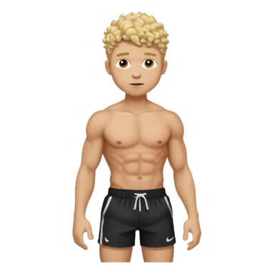 Ripped, athletic man with thick neck, high top fade with no part, curly hair only top only, no shirt and show waistline up, white male, black shorts and more man face, blonde hair sticker