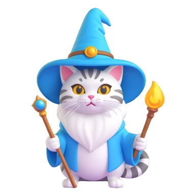 a wizard cat with a magic staff, 3D emoji style sticker