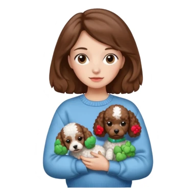 A girl with brown hair in an aestheic jumper holding a poodle sticker