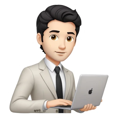 Professional 35-year-old man with black wavy hair, stubble, strong jawline, white skin tone, wearing smart casual business attire, holding a laptop, with a confident approachable expression sticker