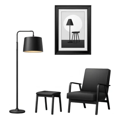 Minimalistic flat vector icon, iOS style, thin black contour on white background. Floor lamp and chair next to a framed picture on wall. Clean, no text, no shadows sticker
