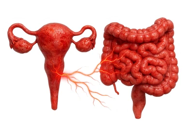 utero umano anatomico iperrealistico e intestino umano anatomico iperrealistico hanno in comune il dolore e l'infiammazione, rendi bene il collegamento tra i due organi doloranti, falla iperrealistica, non disegnata sticker