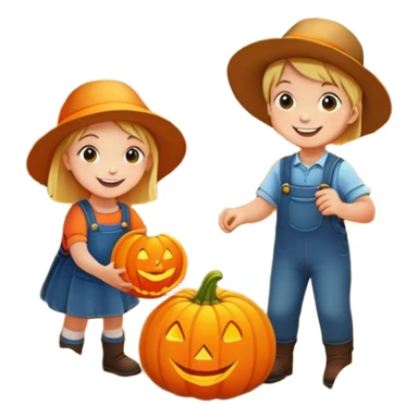 children picking pumpkins in a pumpkin patch, orange leaves, happy faces sticker