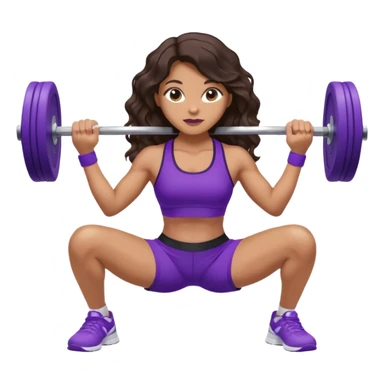 mujer de tez trigueña, con cabello castaño oscuro ondulado con pequeñas ondas, con el cabello super largo hasta las rodillas estilizado, con ropa deportiva morada/lila, tenis blancos deportivos y levantando una pesa sticker