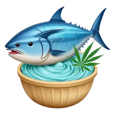 bluefin tuna in a gelato with cannabis leaf sticker