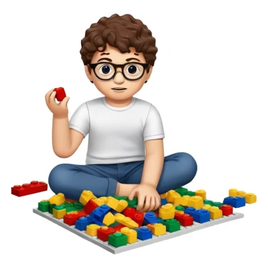 A young boy with short curly brown hair, round glasses, and a light complexion, playing with LEGO bricks on the floor. sticker