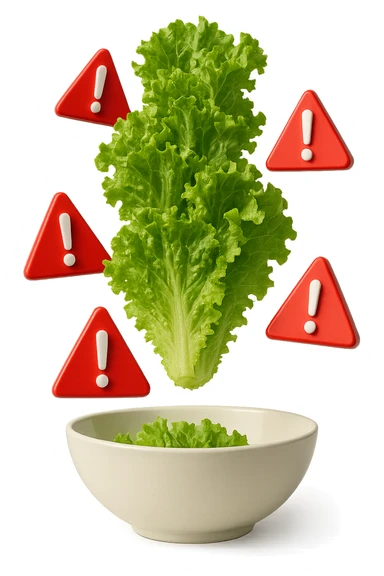 insalata che cade verticalmente in una bowl bianca insieme a segnali triangolari di pericolo con punti esclamativi rossi in 3d, iperrealistica 4k sticker