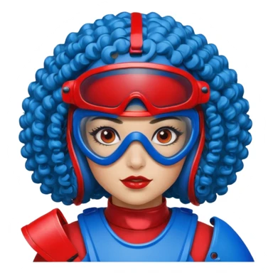 blue curly haired girl with huge earrings wearing red paintball helmet with eye protection, only face  sticker