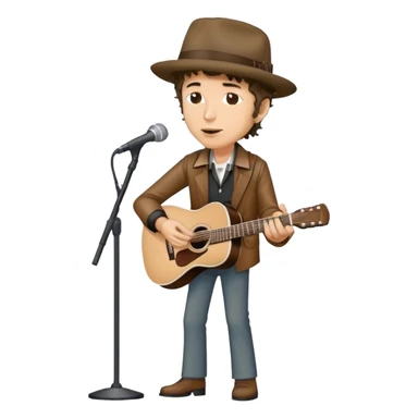 Icon for Folk Music: Bob Dylan with his harmonica and acoustic guitar, performing with his band on stage. The atmosphere should be intimate and nostalgic, capturing the soul of folk music with simple instruments and natural vibes. Transparent background. sticker