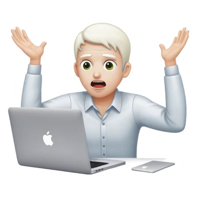 An overwhelmed office worker at a MacBook, eyes wide open, mouth agape, sweat drops flying, hands on head in panic, with white skin sticker