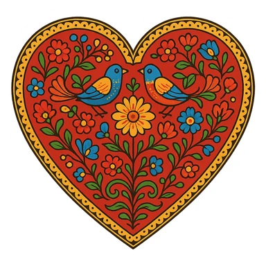 red heart with Slavic folk art nature motif, bright folk colors, stylized flowers, birds, and vines, ornate, border around heart sticker
