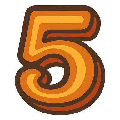 number 5 in retro 70s style, bold, groovy, shades of orange, yellow, brown, and purple sticker