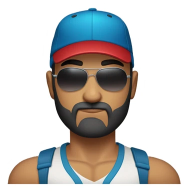 Bald Mexican young man with round face a dark beard baseball cap and dark cool sunglasses looking tough huge muscles sticker