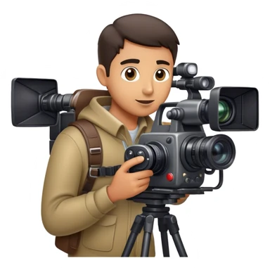 A cameraman holding a professional camera, capturing footage with a focused expression, moving carefully to get the perfect shot, surrounded by equipment and lights on a film set sticker