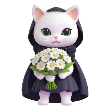 white baby cat with a black mini dress and black veil, holding a small bouquet sticker