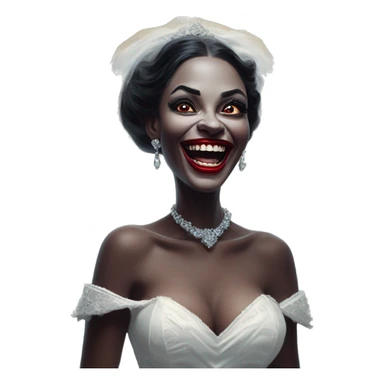 Laughing vampire bride in Uncle Scrooge style, oil paint, mysterious eyes, intricate lips, masterpiece pose, odd perspective, beautiful, desirable, logical sticker