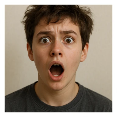 realistic portrait of a young person with short tousled brown hair, light skin, surprised expression, inspired by the reference image sticker