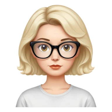 white woman about 50 years old with light warm skin, wide face, black wavy neck-length 80s short hair, low volume, neutral expression, large black shiny butterfly or cat-eye glasses, white casual t-shirt sticker