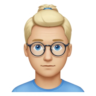 Man with blonde ponytail, round glasses and blue eye sticker