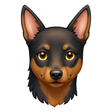Cinematic Noble Black and Tan Kelpie Portrait Emoji, Poised and regal, with a strong, agile build and a glossy, well-groomed Fur of deep black and tan accents, piercing dark eyes, Simplified yet sharp and sophisticated features, highly detailed, glowing with a soft, dignified glow, high shine, intelligent and energetic, stylized with an air of determination, focused and attentive, soft glowing outline, capturing the essence of a watchful and confident herder, so majestic it feels as though it could bound out of the screen with effortless authority! sticker