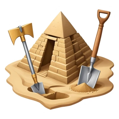 An icon showing archaeological tools like a trowel, brush, and pickaxe placed on sandy ground, with an Egyptian pyramid in the background. The design symbolizes excavation and discovery of ancient history, blending tools and iconic landmarks. Transparent background. sticker