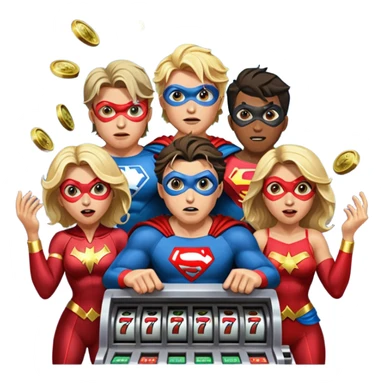 disheveled super heros losing money at a slot machine, panicked face, coins flying sticker