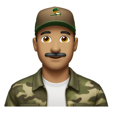 Man with brown hair, brown thin mustache, with a baseball hat on and duck camo shirt sticker