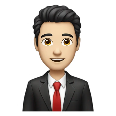 man white skin, black hair, brown eyes, black jacket with red tie. speek with client sticker