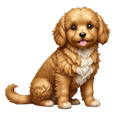 cinematic-[cavoodle dog]-realistic-full-body-sitting-emoji,-tail-resting-loosely-beside-its-paws,-head-tilted-dramatically,-very curly-[solid golden]-fur,-simplified-yet-realistic-focused-features,-highly-detailed,-glowing-with-an-almost-sarcastic-glow sticker