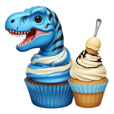 A cupcake having blue and black icing and a dinosaur as a decoration and ice cream next to it sticker