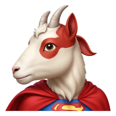 side view of white female goat wearing a read cape like superman sticker