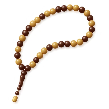 a tasbih (prayer beads) with a mix of brown, gold, and beige beads, elegant and simple, no background sticker