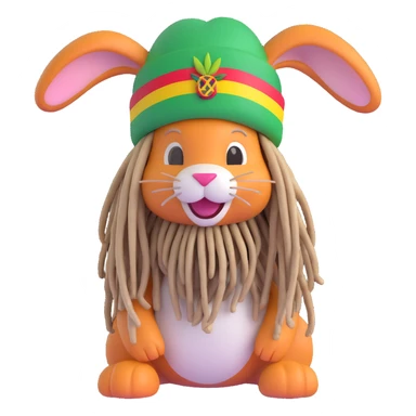 a bunny wearing a Rasta hat with dreadlocks, smiling, Jamaican theme sticker