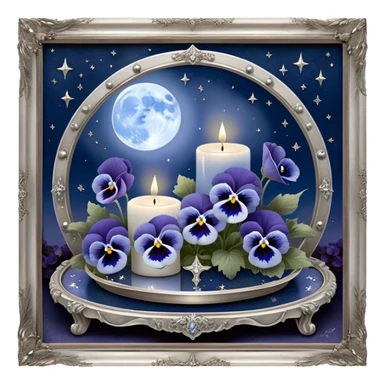 An enchanting nighttime scene where rich blue pansies bloom in a mystical landscape, their petals appearing almost luminous under the soft radiance of a silver crescent moon. A pearl-colored candle, embellished with intricate celestial symbols, sits atop an antique mirror tray, reflecting its warm glow. Wisps of silver mist curl around the flowers, and tiny glowing stars seem to hover just above the ground, adding to the dreamlike atmosphere. In the distance, a faint silhouette of a gothic archway frames the moon, enhancing the scene’s otherworldly beauty. sticker