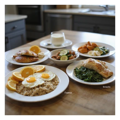 hyperrealistic 4K table with separate plates for 2000 calorie diet: breakfast with scrambled eggs, whole grain bread, orange; lunch with chicken, couscous, zucchini; dinner with cod, sweet potatoes, spinach; snacks with yogurt, banana, almonds. Plates labeled with calories, modern kitchen atmosphere sticker